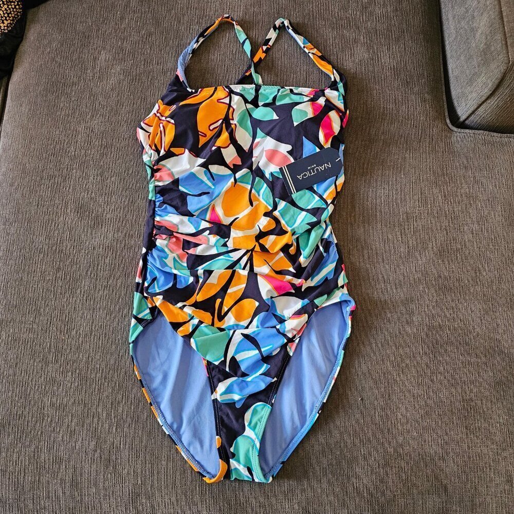 Nautica Women's Multicolor Square Neck Crossback One Piece Swimsuit Size Large